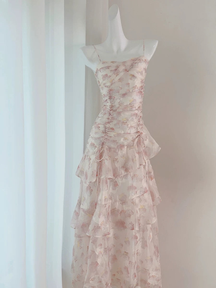 Modest A Line Straps Chiffon Long Pink Floral Prom Dress Evening Dresses
