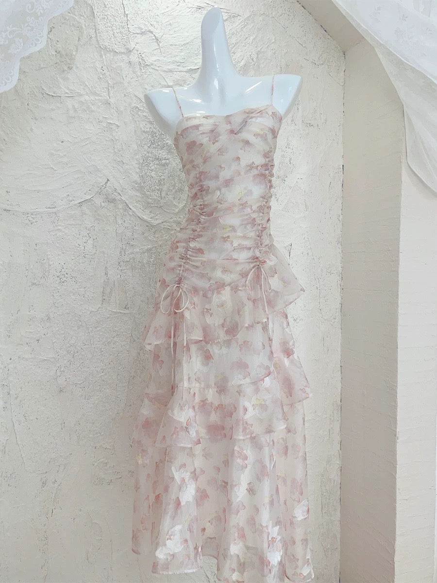Modest A Line Straps Chiffon Long Pink Floral Prom Dress Evening Dresses