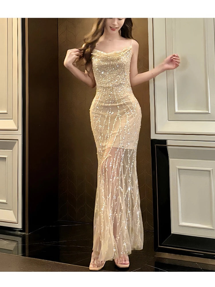 Modest Sheath Spaghetti Straps Sequin Long Champagne Prom Dress Evening Dresses