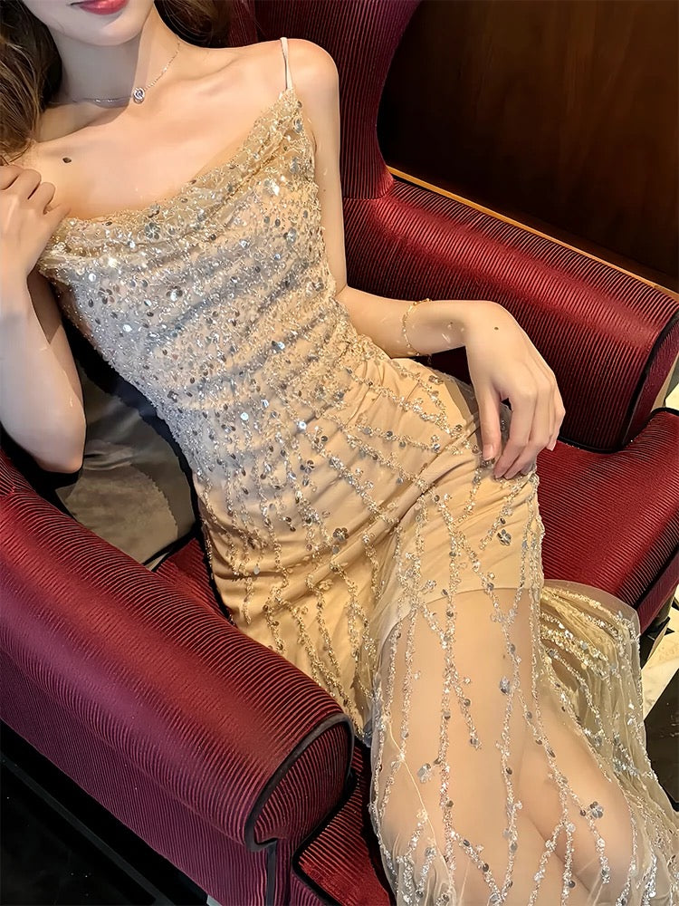 Modest Sheath Spaghetti Straps Sequin Long Champagne Prom Dress Evening Dresses