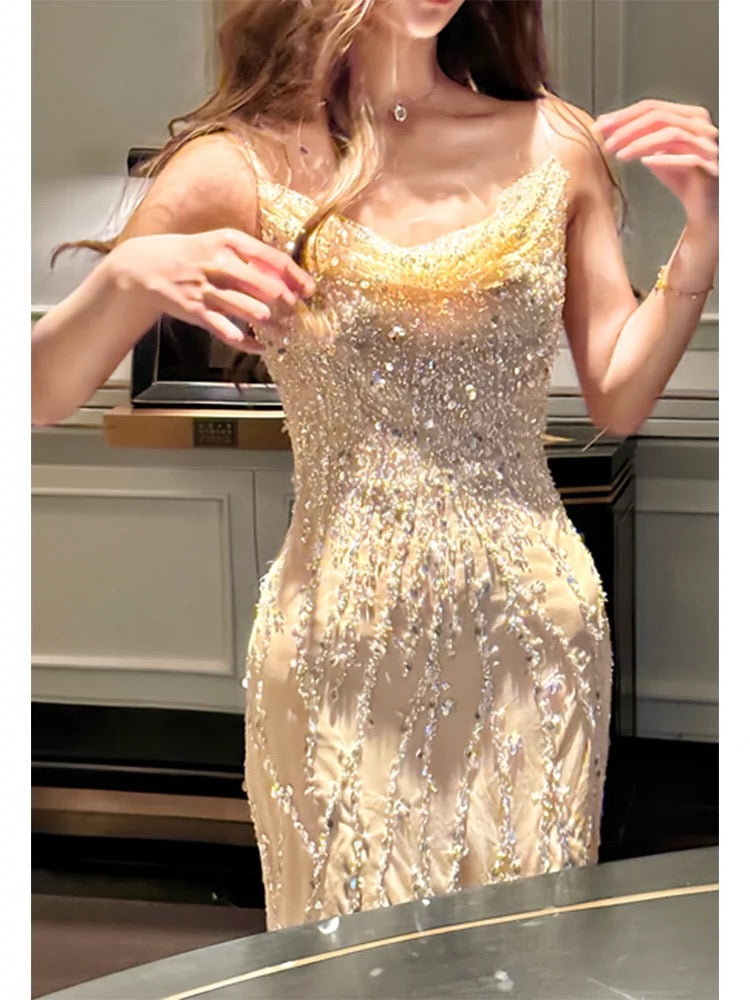 Modest Sheath Spaghetti Straps Sequin Long Champagne Prom Dress Evening Dresses