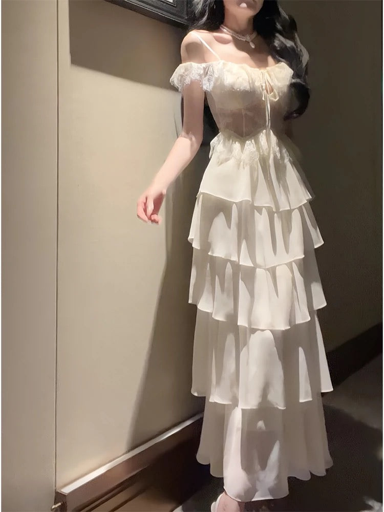 Modest A line Spaghetti Straps Long White Chiffon Prom Dress Evening Dresses