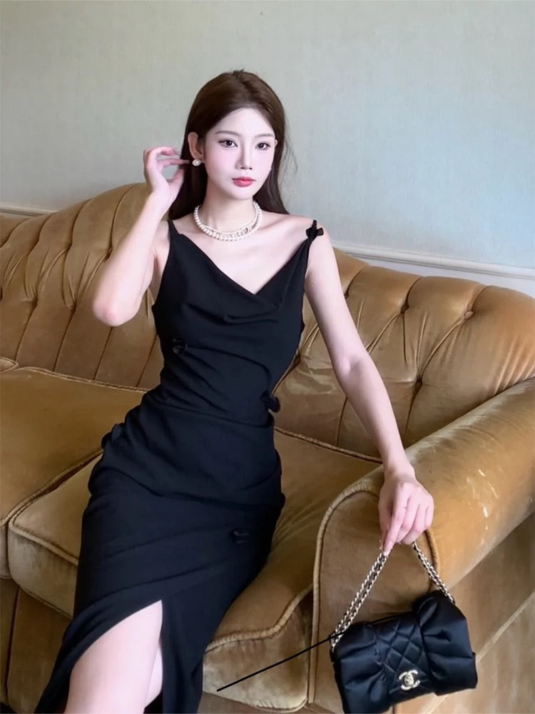 Modest Sheath Spaghetti Straps Long Black Slit Prom Dress Evening Dresses