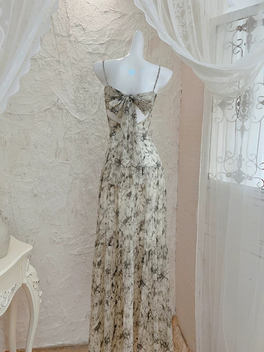 Modest A line Spaghetti Straps Long Floral Chiffon Prom Dress Evening Dresses