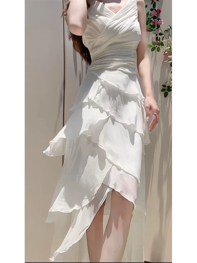 Modest High Low Spaghetti Straps White Chiffon Prom Dress Evening Dresses