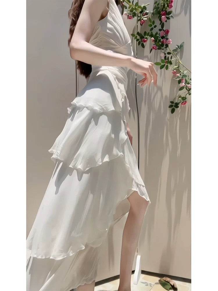 Modest High Low Spaghetti Straps White Chiffon Prom Dress Evening Dresses