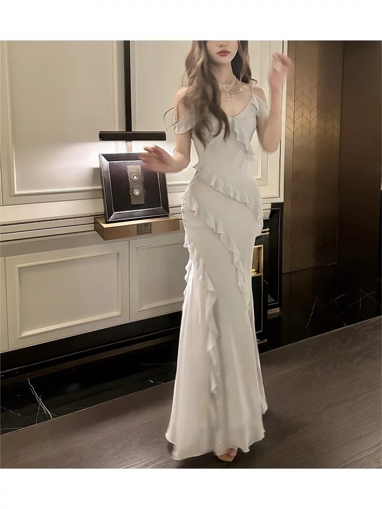 Modest Sheath Spaghetti Straps Chiffon Long Prom Dresses Evening Dress With Ruffles