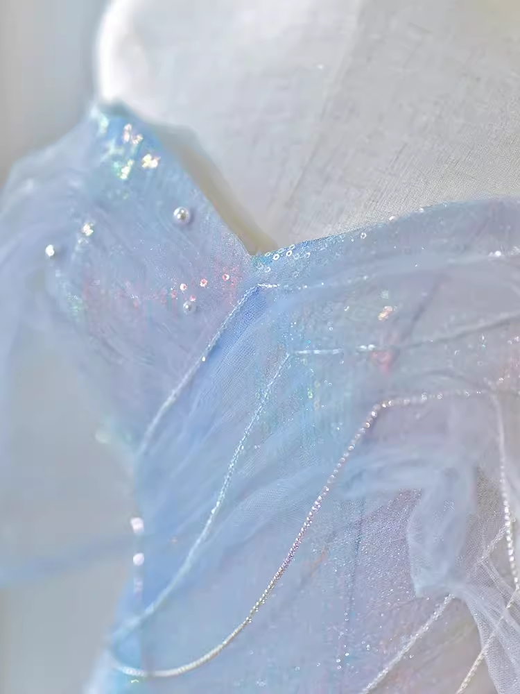 Sexy Mermaid Off The Shoulder Blue Long Prom Dresses Tulle Birthday Outfits
