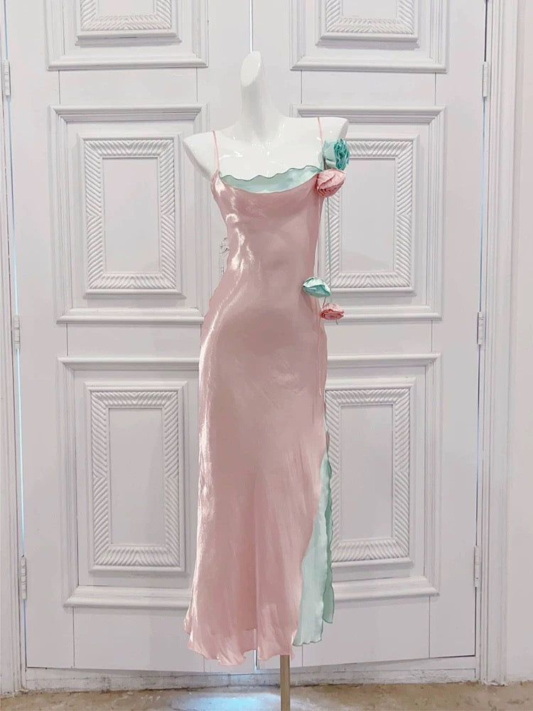Modest Sheath Spaghetti Straps Pink Long Prom Dresses Evening Dress With Flowers