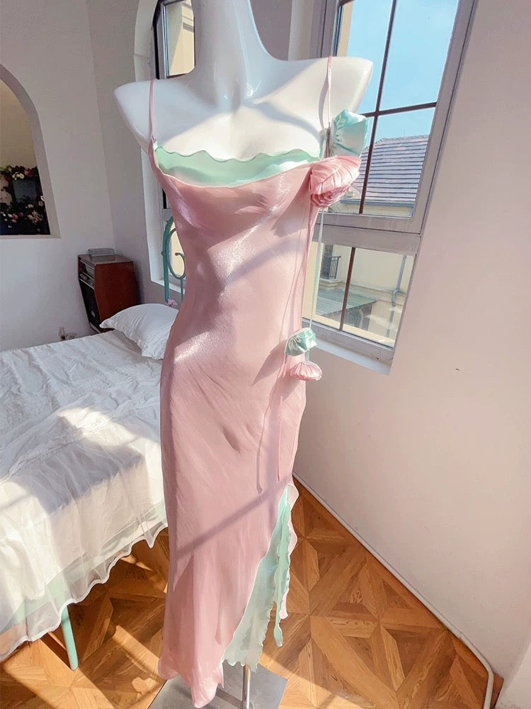 Modest Sheath Spaghetti Straps Pink Long Prom Dresses Evening Dress With Flowers