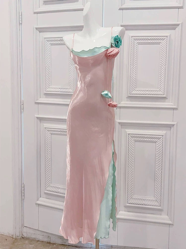 Modest Sheath Spaghetti Straps Pink Long Prom Dresses Evening Dress With Flowers