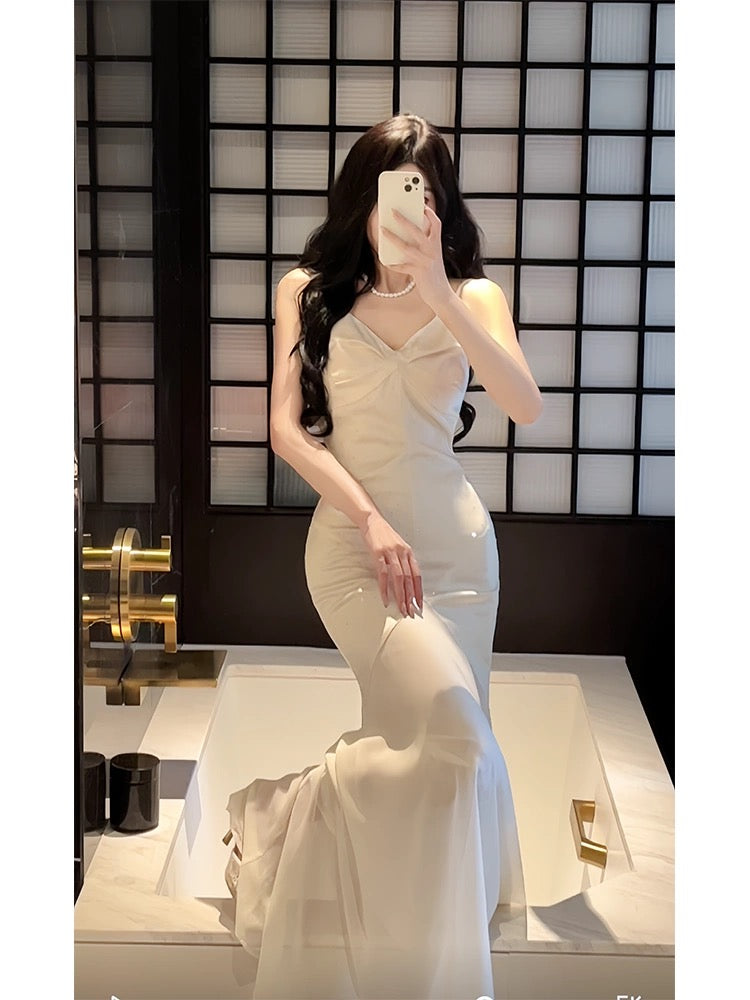 Modest Sheath Spaghetti Straps Ivory Long Prom Dresses Evening Dress With Ruffles