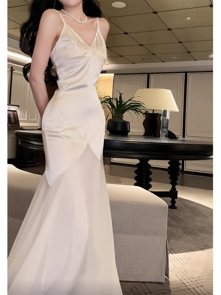 Modest Sheath Spaghetti Straps Ivory Long Prom Dresses Evening Dress With Ruffles