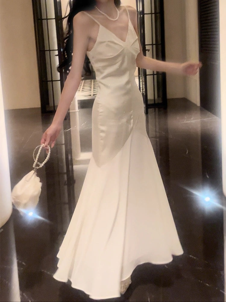 Modest Sheath Spaghetti Straps Ivory Long Prom Dresses Evening Dress With Ruffles