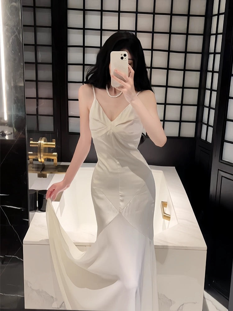 Modest Sheath Spaghetti Straps Ivory Long Prom Dresses Evening Dress With Ruffles