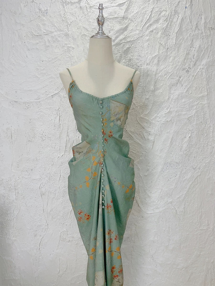 Modest Sheath Spaghetti Straps Green Floral Long Prom Dresses Evening Dress