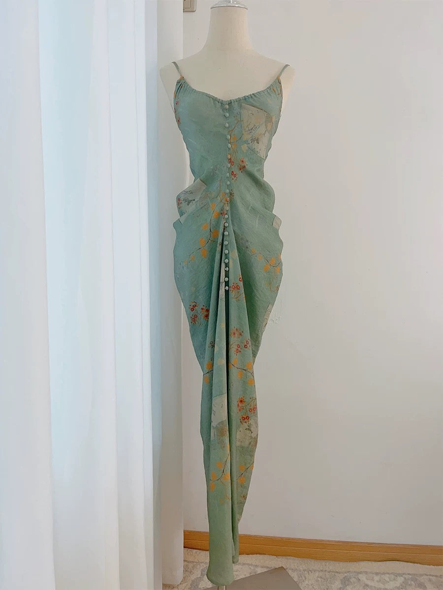 Modest Sheath Spaghetti Straps Green Floral Long Prom Dresses Evening Dress