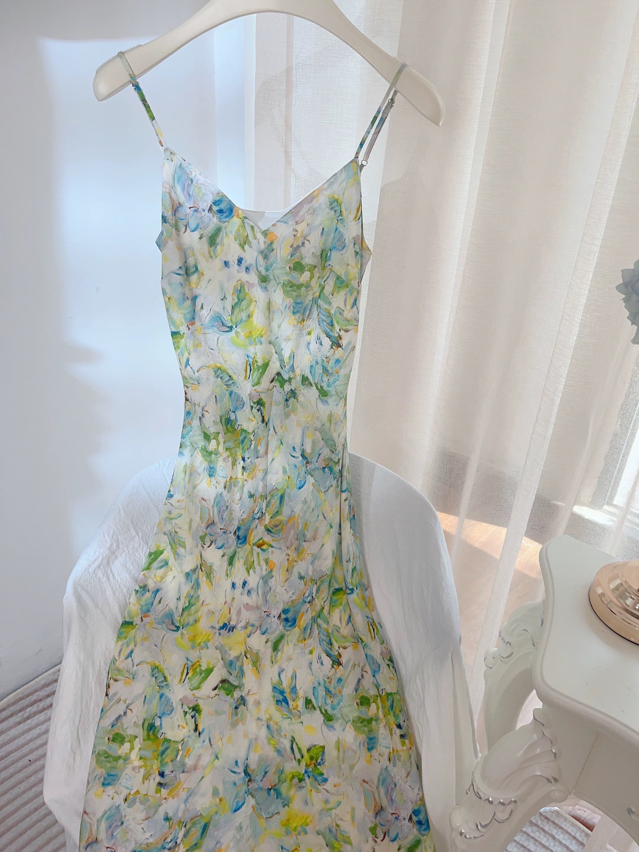 Modest Sheath Spaghetti Straps Green Floral Long Prom Dresses Evening Dress