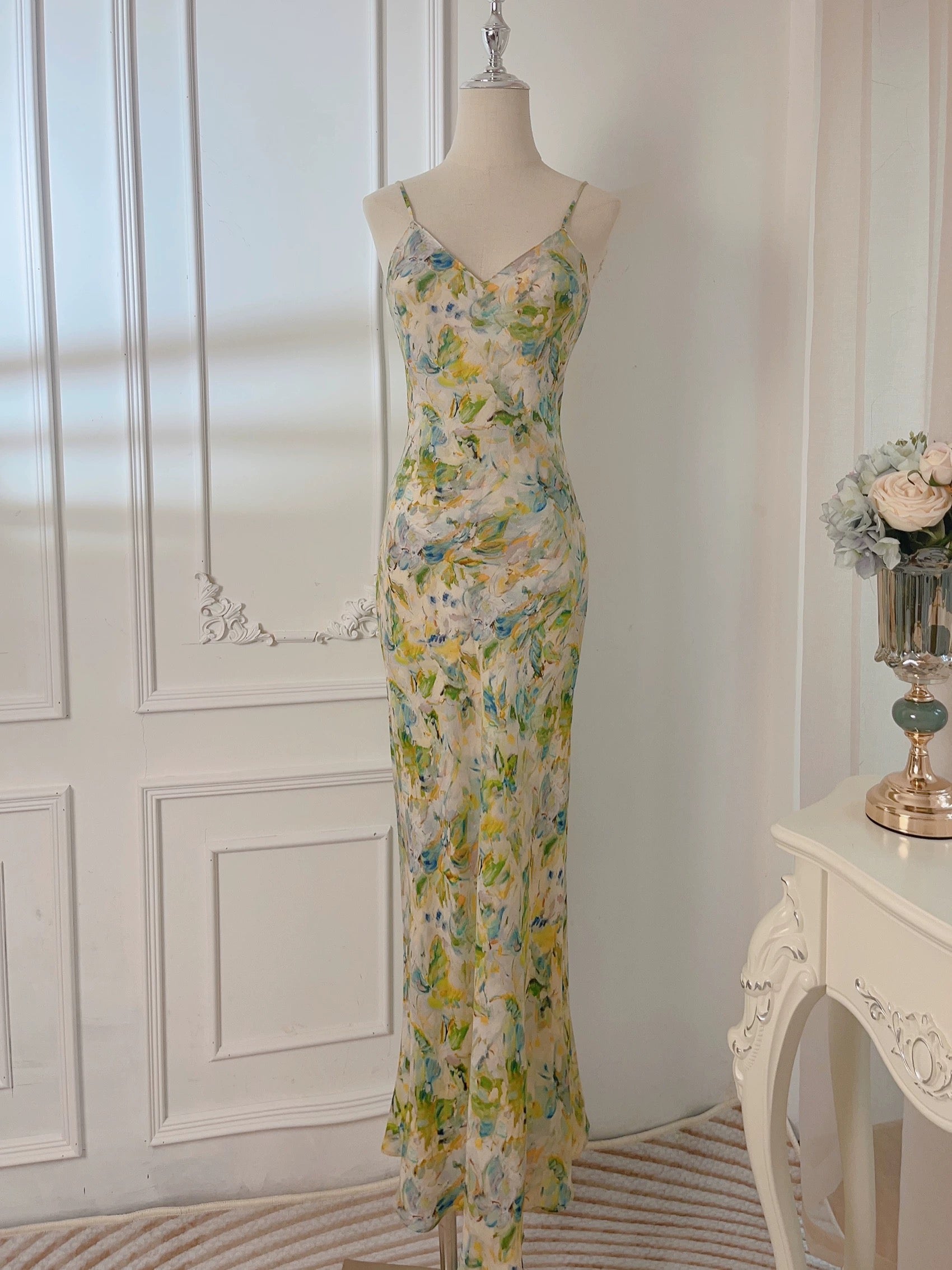 Modest Sheath Spaghetti Straps Green Floral Long Prom Dresses Evening Dress