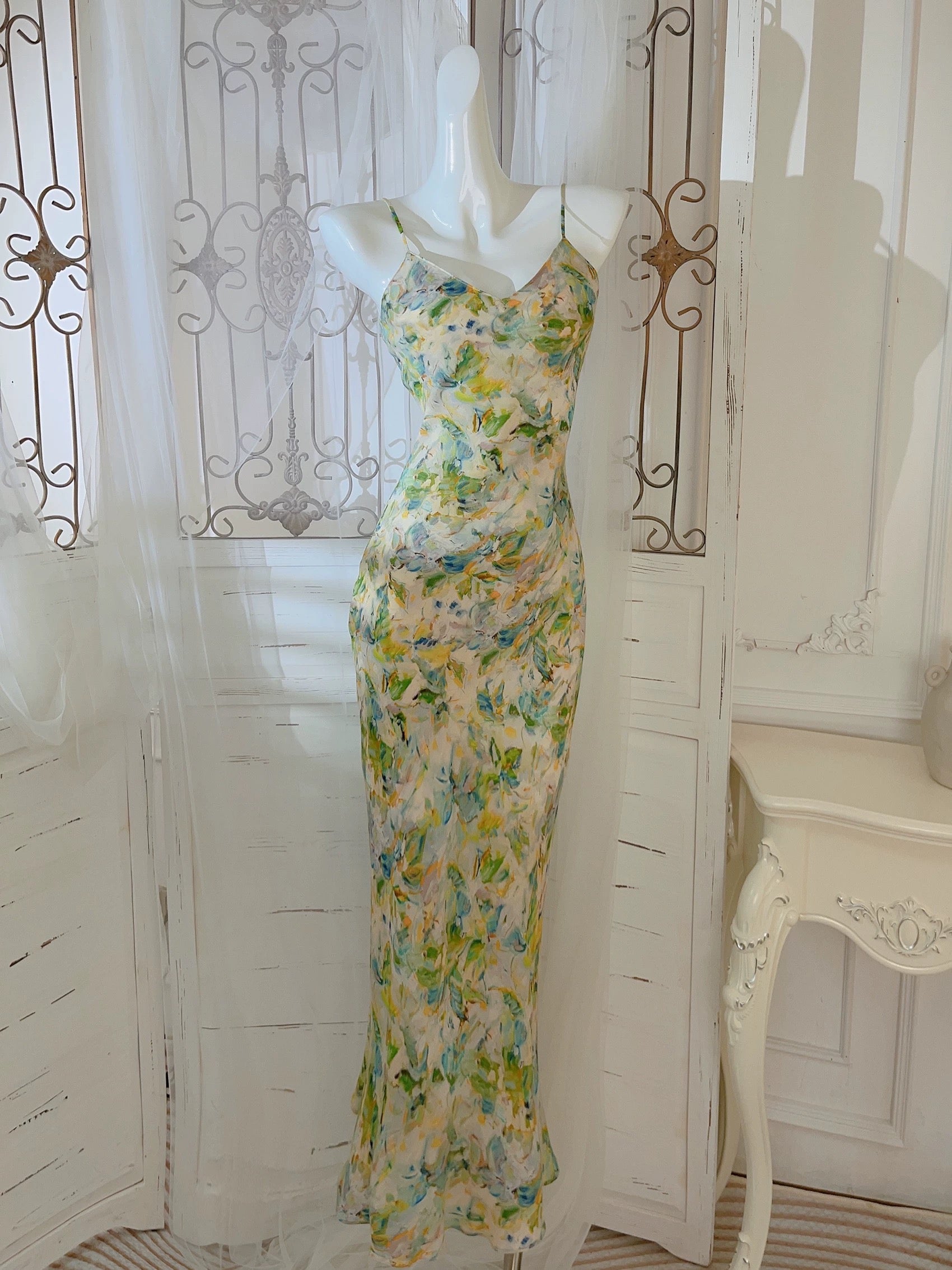 Modest Sheath Spaghetti Straps Green Floral Long Prom Dresses Evening Dress