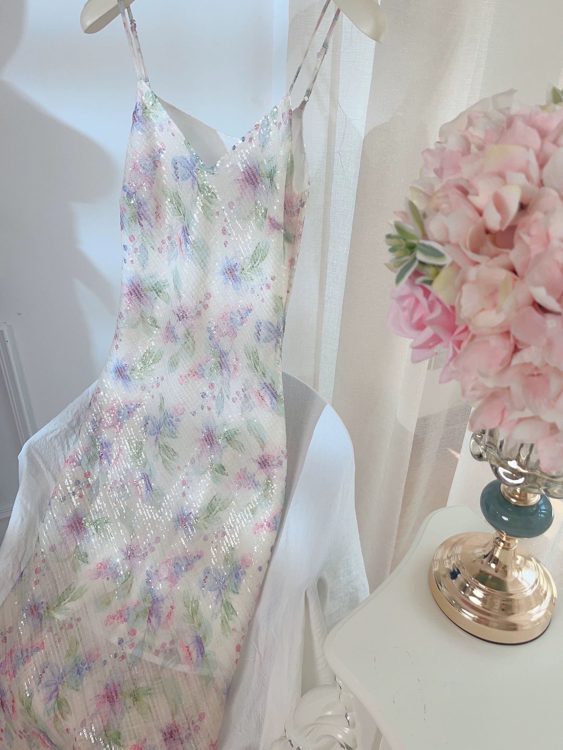 Modest Sheath Spaghetti Straps Lilac Floral Long Prom Dresses Evening Dress
