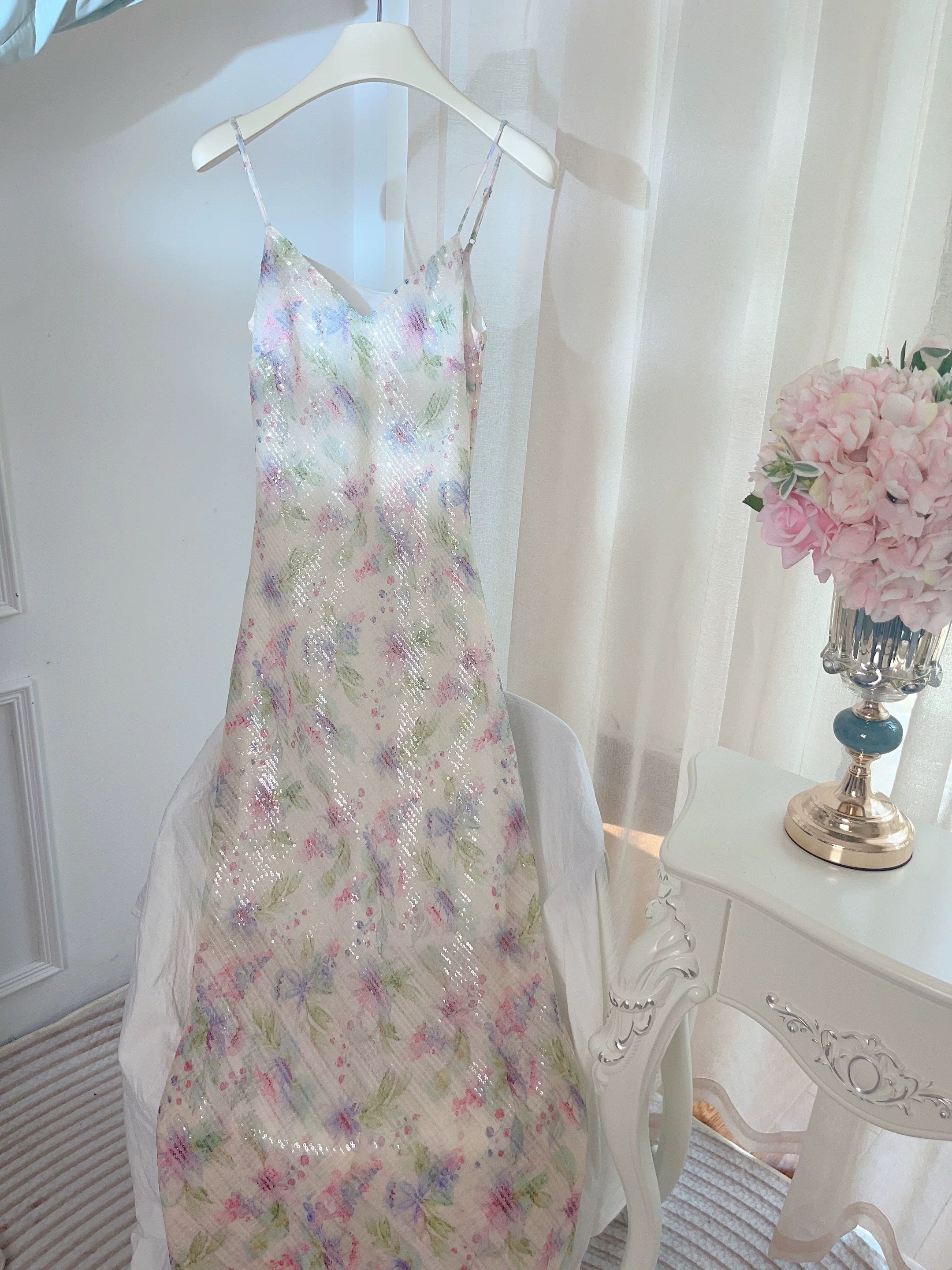 Modest Sheath Spaghetti Straps Lilac Floral Long Prom Dresses Evening Dress