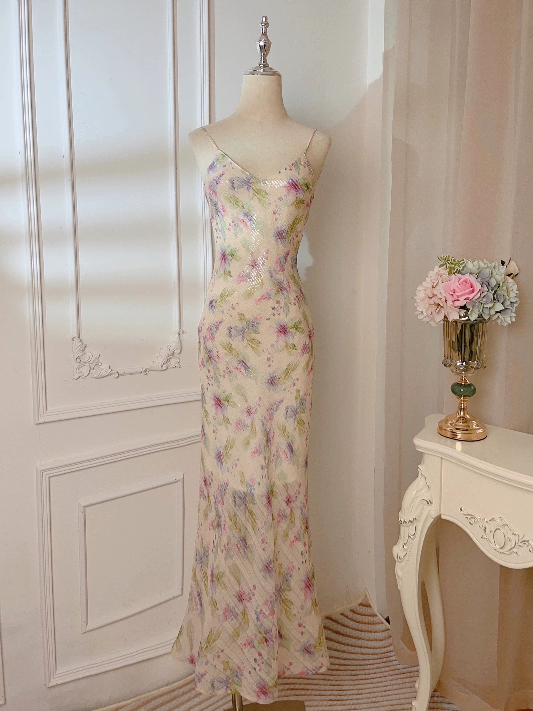 Modest Sheath Spaghetti Straps Lilac Floral Long Prom Dresses Evening Dress