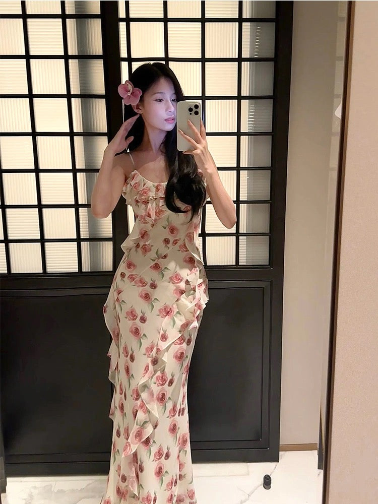 Modest Sheath Spaghetti Straps Pink Floral Chiffon Prom Dresses Ruffles Evening Dress