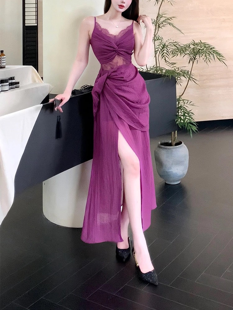 Modest Sheath Spaghetti Straps Lace Prom Dresses Ruffles Slit Evening Dress