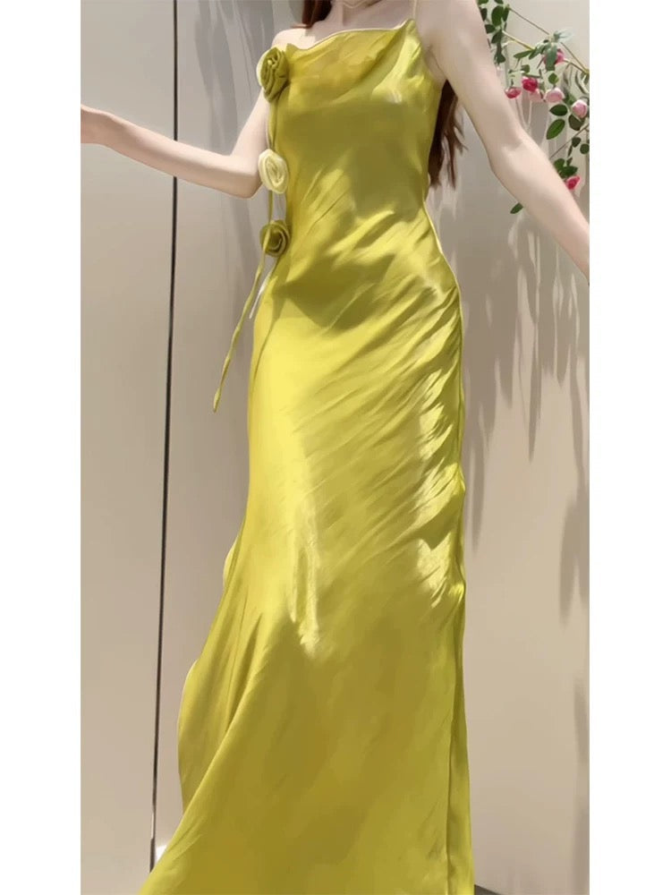 Pretty Sheath Spaghetti Straps Green Long Prom Dresses Evening Dress With Flowers