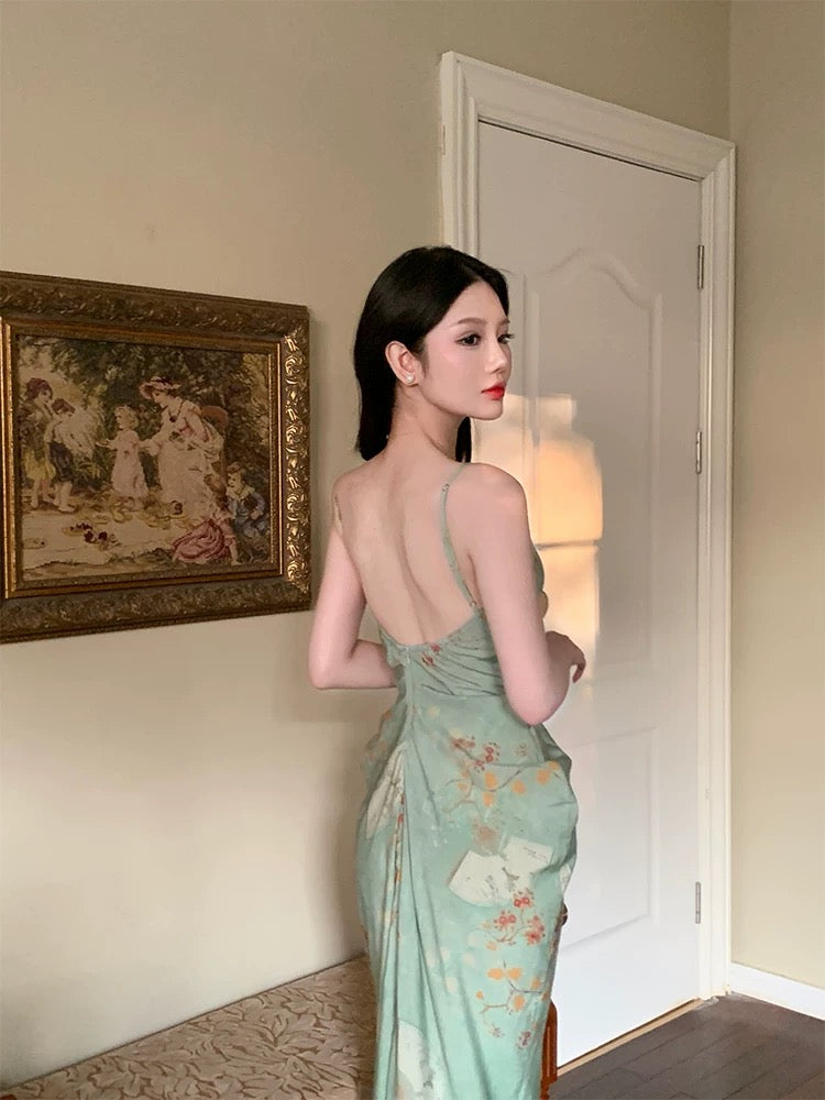 Modest Sheath Spaghetti Straps Green Floral Long Prom Dresses Backless Evening Dress