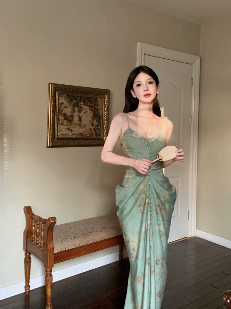 Modest Sheath Spaghetti Straps Green Floral Long Prom Dresses Backless Evening Dress