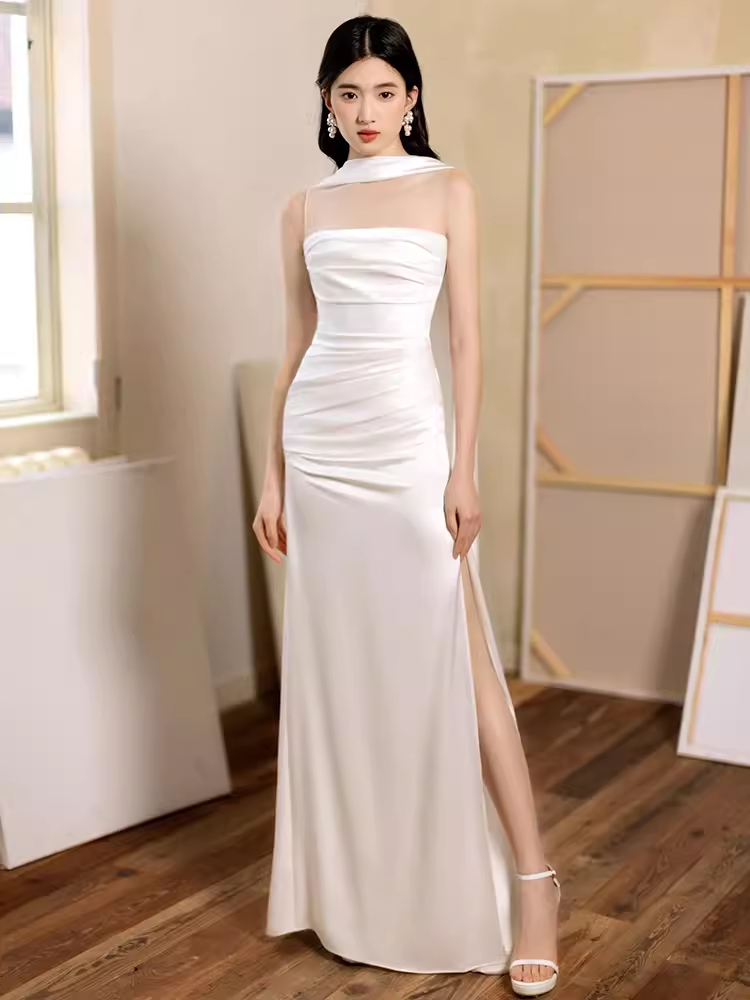 Sexy Sheath Strapless White Long Prom Dresses Satin Slit Birthday Outfits