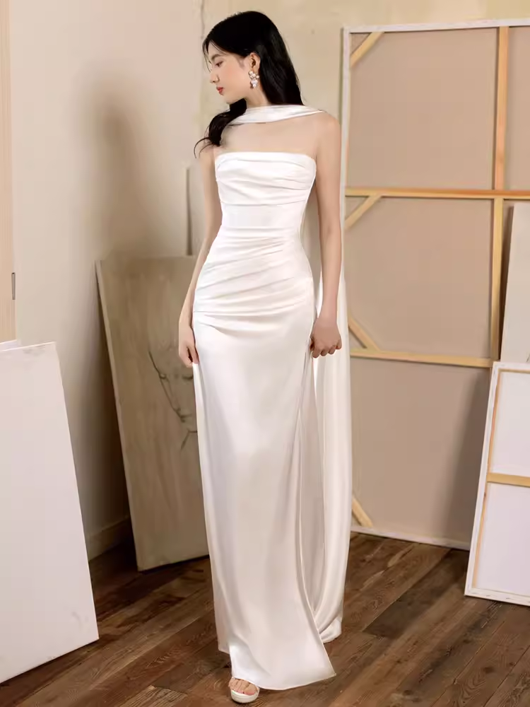 Sexy Sheath Strapless White Long Prom Dresses Satin Slit Birthday Outfits