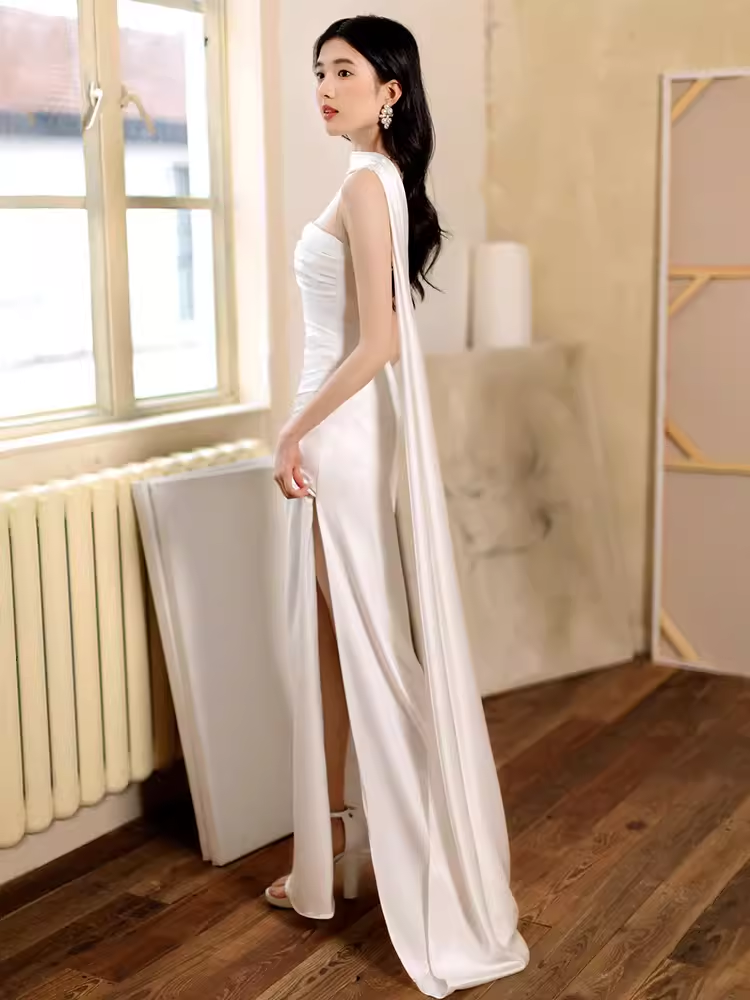 Sexy Sheath Strapless White Long Prom Dresses Satin Slit Birthday Outfits