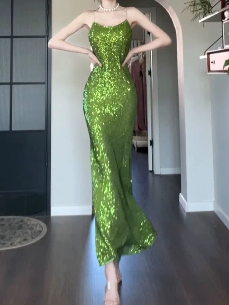 Pretty Sheath Spaghetti Straps Green Sequin Prom Dresses Sexy Evening Dress