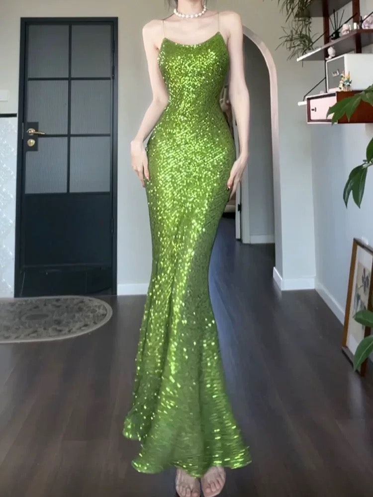 Pretty Sheath Spaghetti Straps Green Sequin Prom Dresses Sexy Evening Dress