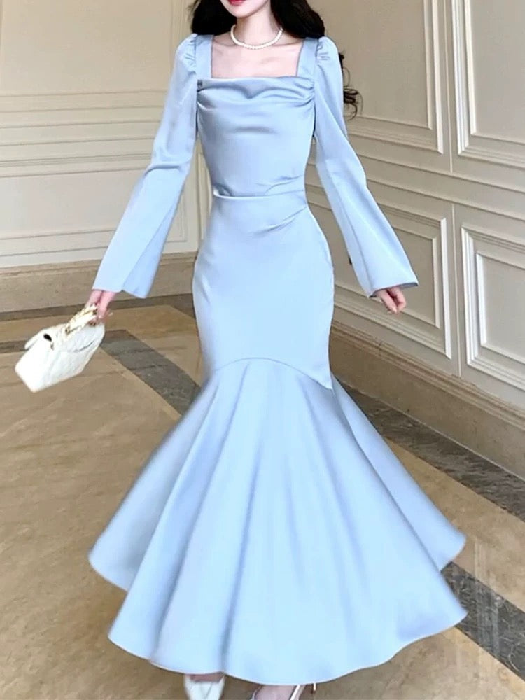 Pretty Mermaid Square Neckline Light Sky Blue Silk Satin Prom Dresses Sexy Evening Dress