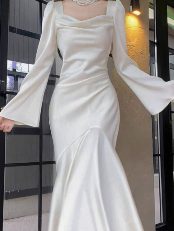 Pretty Mermaid Square Neckline Light Sky Blue Silk Satin Prom Dresses Sexy Evening Dress