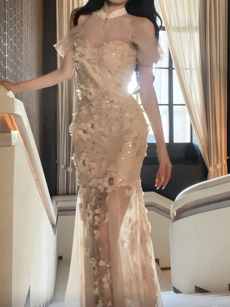 Pretty Mermaid High Neckline White Tulle Floral Prom Dresses Sexy Evening Dress