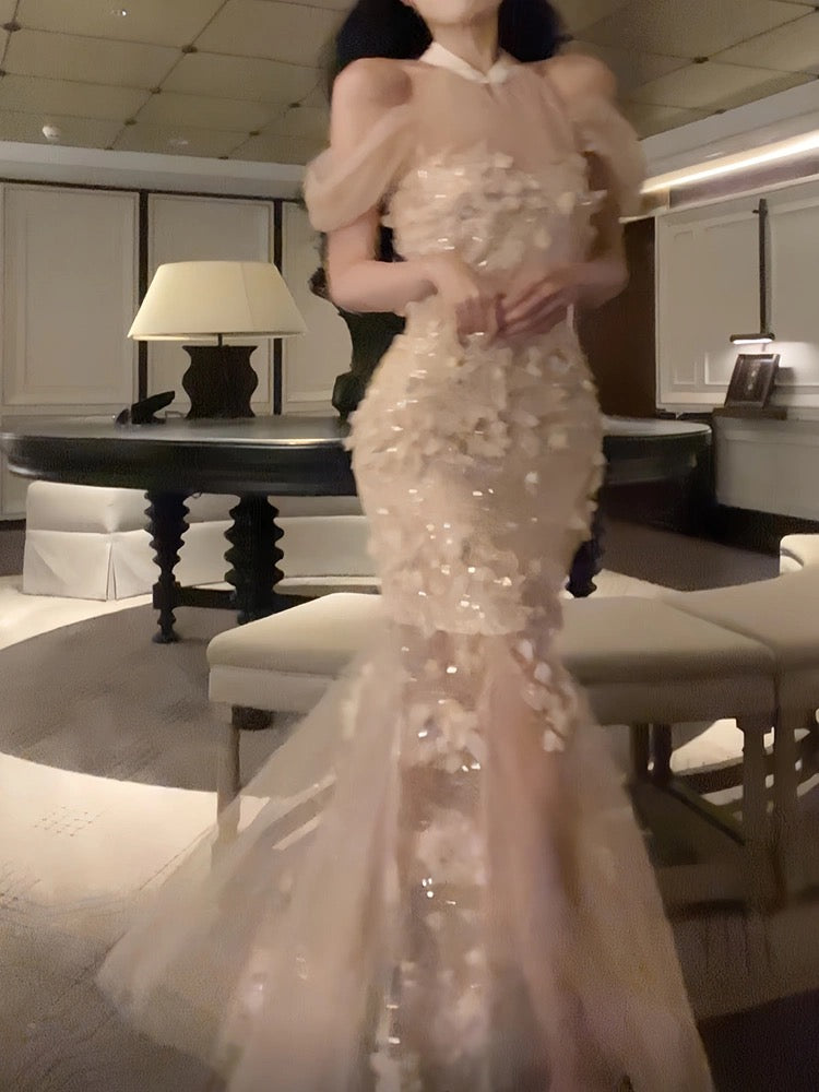 Pretty Mermaid High Neckline White Tulle Floral Prom Dresses Sexy Evening Dress