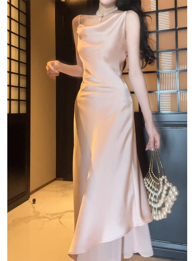 Pretty A Line Spaghetti Straps Silk Satin Pink Prom Dresses Sexy Evening Dress