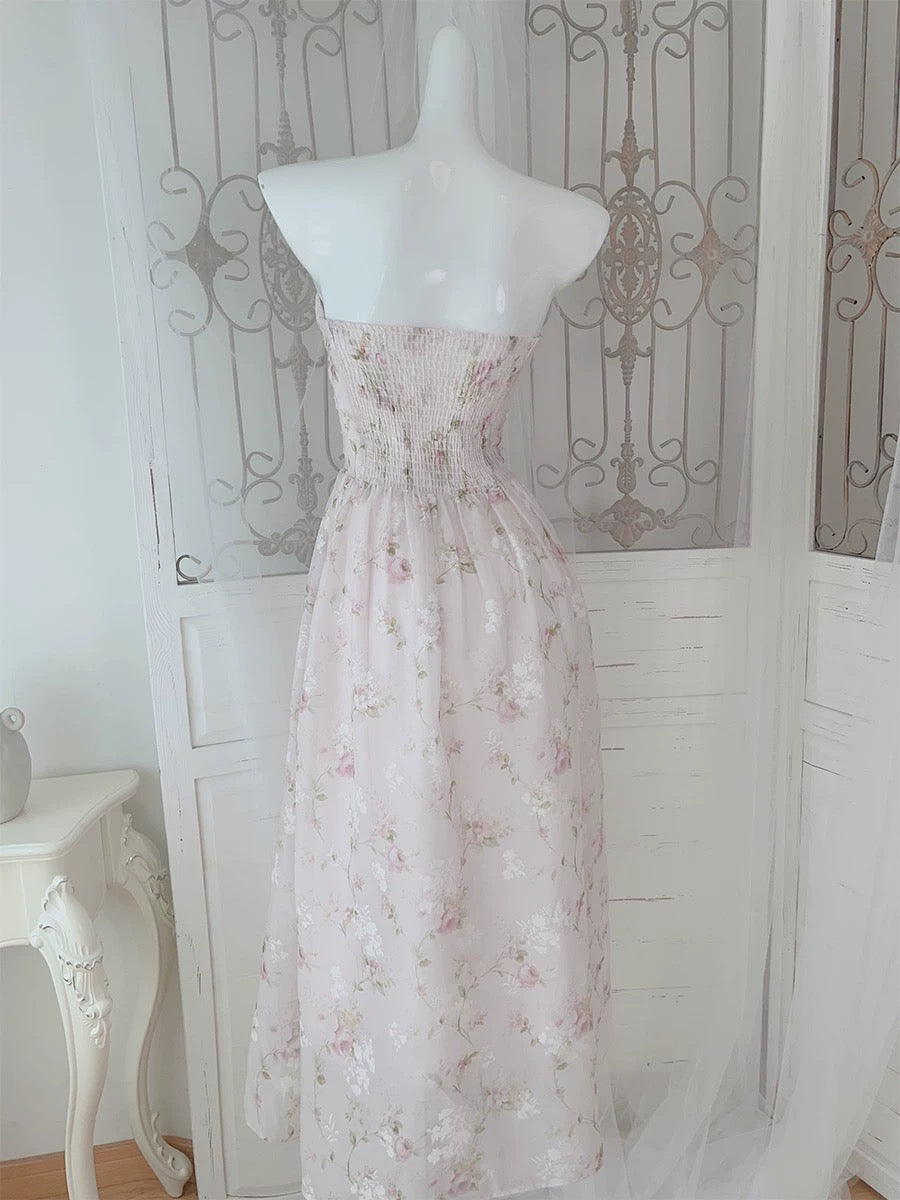 Pretty A Line Strapless Floral Pink Chiffon Prom Dresses Sexy Evening Dress
