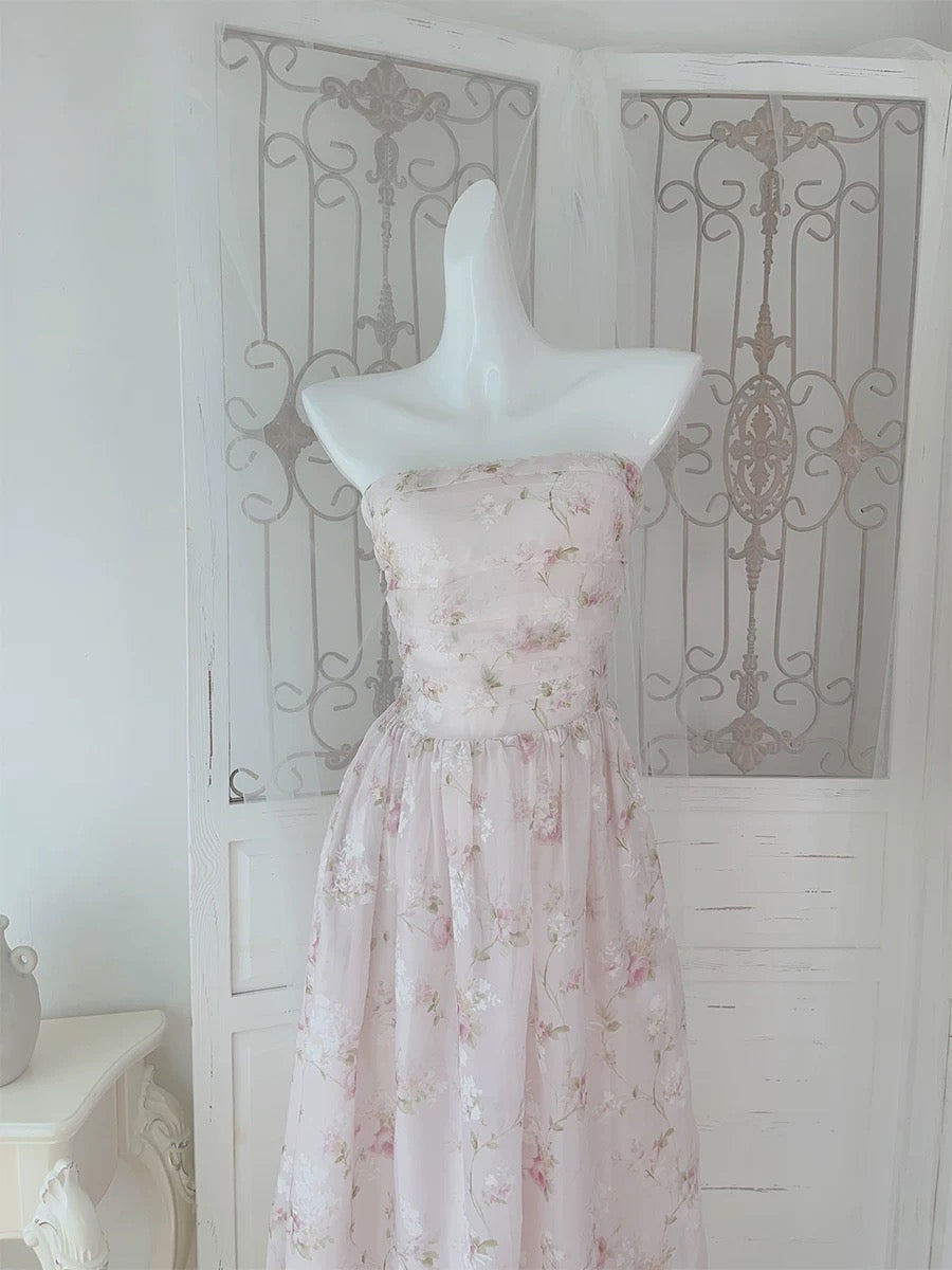 Pretty A Line Strapless Floral Pink Chiffon Prom Dresses Sexy Evening Dress