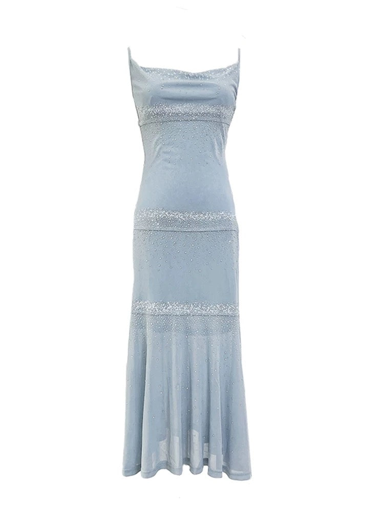 Pretty Sheath Straps Blue Beads Prom Dresses Sexy Evening Dress