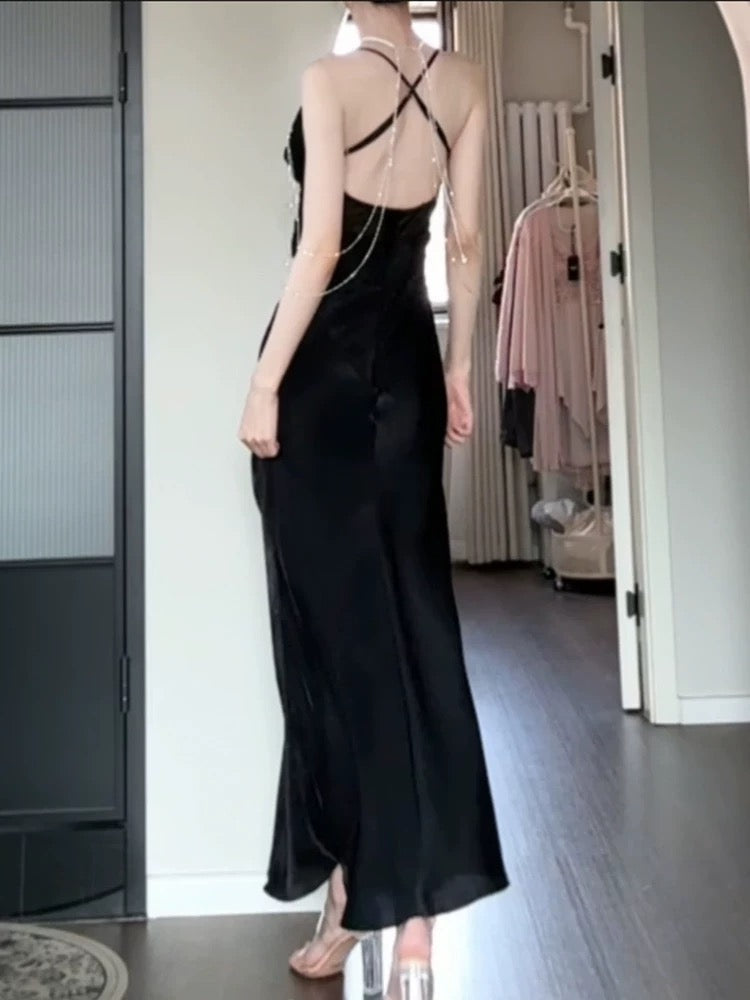 Pretty Sheath Spaghetti Straps Black Silk Satin Prom Dresses Sexy Evening Dress