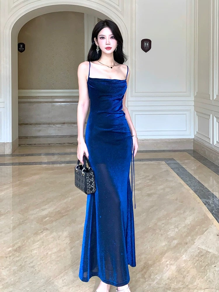Pretty Sheath Straps Floor Length Royal Blue Slit Prom Dresses Simple Evening Dress