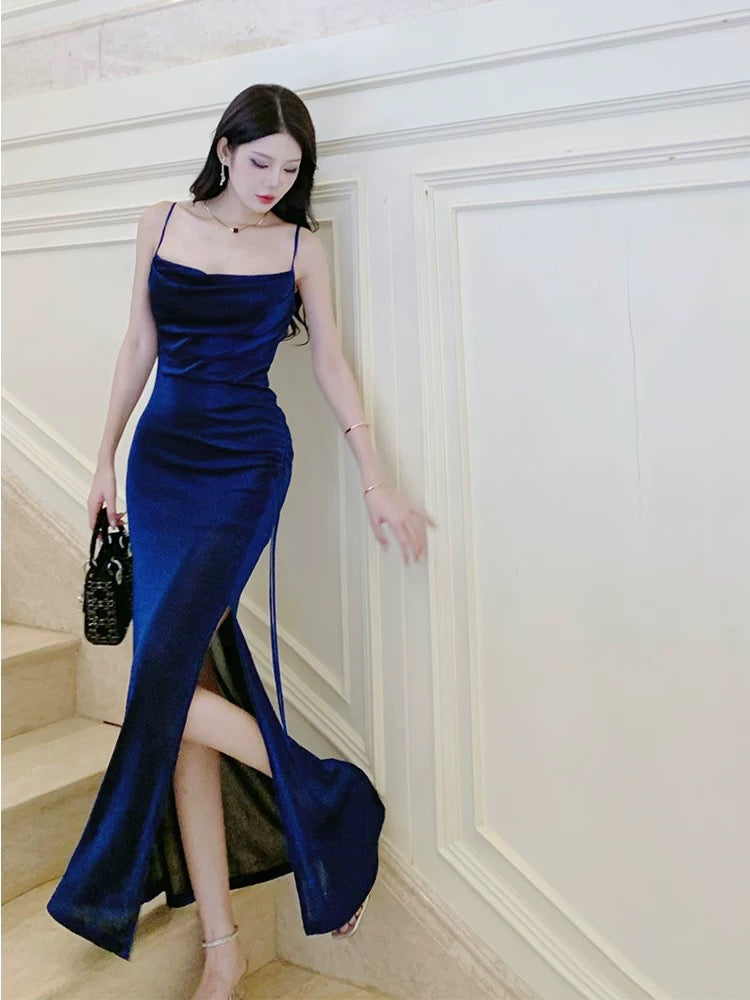 Pretty Sheath Straps Floor Length Royal Blue Slit Prom Dresses Simple Evening Dress