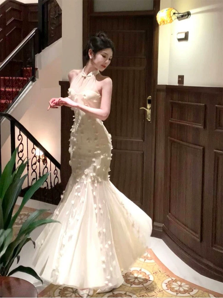 Modest Mermaid High Neckline White Tulle Floral Prom Dresses Sexy Evening Dress