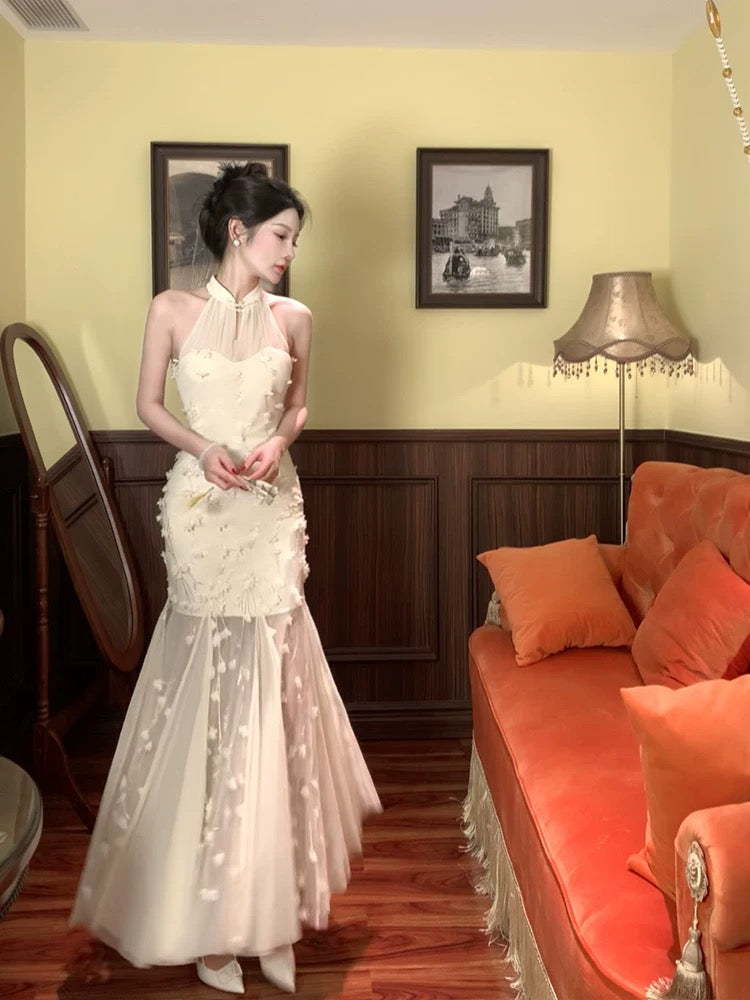 Modest Mermaid High Neckline White Tulle Floral Prom Dresses Sexy Evening Dress